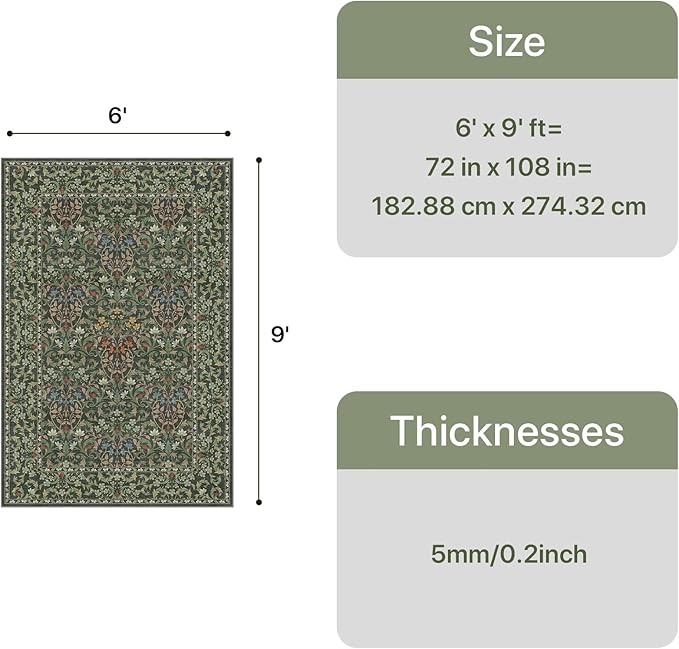 GENIMO 6x9 Washable Area Rug, Non-Slip Vintage Boho Floral Carpet, Soft Low-Pile Thin Living Room Rug for Bedroom, Dining Room, Nursery, Emerald Green