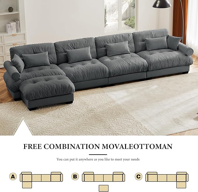 166" Grey Modular Sectional Sofa, 4 Seater Large Sectional Couches for Living Room, Velvet Fabric Oversized Fluffy Cloud Couch with Ottoman, Deep Seat Home Sofas Set, Sofá Moderno, L Shaped