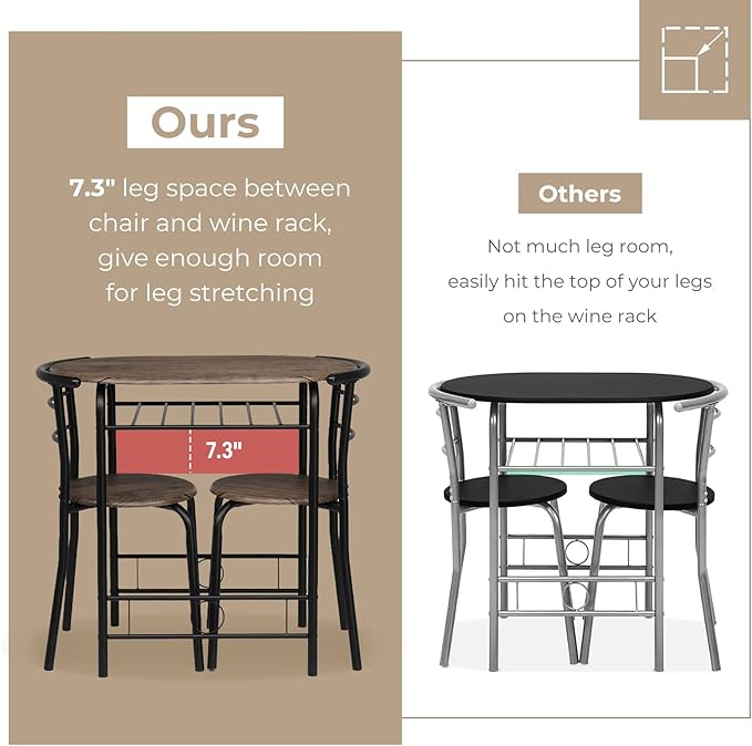 VINGLI 3 Piece Dining Set,Small Kitchen Table Set for 2,Breakfast Table Set for 2,Kitchen Wooden Table and 2 Chairs for Small Space/Dining Room/Apartment,Metal Frame,Wine Rack,Rustic