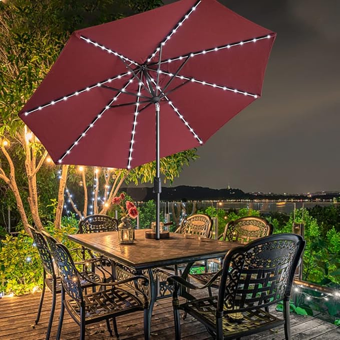 EliteShade USA 10-Year-Non-Fading Solar 9ft Market Umbrella with 80 LED Lights Patio Umbrellas Outdoor Table Umbrella with Ventilation, Burgundy