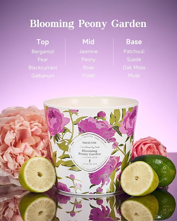M&SENSE Blooming Peony Scented Candle, 28.2oz 3 Wick Natural Soy Wax Large Candles, Long Lasting Clean Slow Burning No Toxic Décor for Home Relaxation, Romantic Dates & Gift-Giving