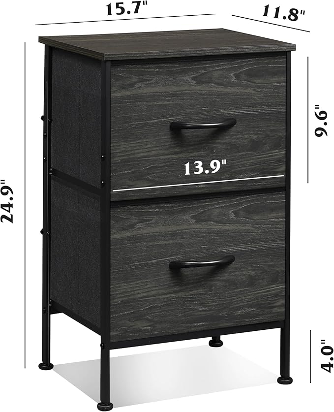 WLIVE Black Night Stand Set of 2, Small Dresser with 2 Drawers & Wooden Top, Nightstand with Fabric Bins, Bedside Table End Table for Bedroom, Closet, Entryway, College Dorm, Charcoal Black