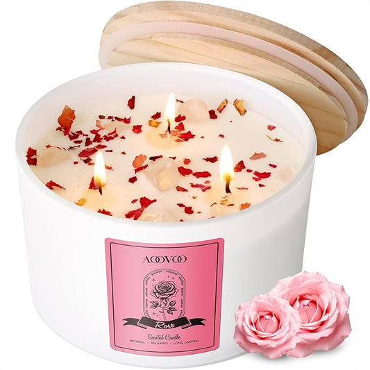 AOOVOO Rose Scented Candles for Women - 20oz 3 Wick Soy Candles for Home Scented, Aromatherapy Candle with Crystals Inside, Birthday Gifts Christmas Candle for Women Mom