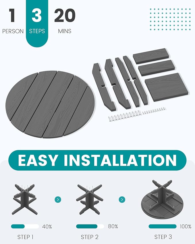 SERWALL 5-Piece Outdoor Round Coffee Table Set - 1 Table & 4 Adirondack Chairs with Cup Holders (Gray)