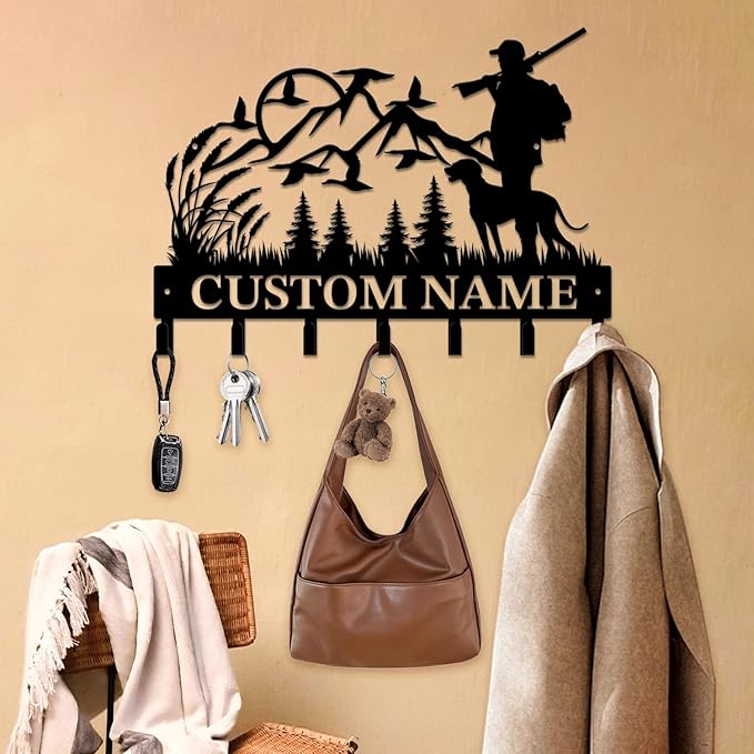 Personalized Custom Name Hunting Deer Wall Key Hooks,Metal Hunting Art Clothes Hooks,Metal Hunting Wall Home Storage Decorative,Hunter For Front Door, Hallway, Kitchen, Bedroom,Keys,Hats (Style E)
