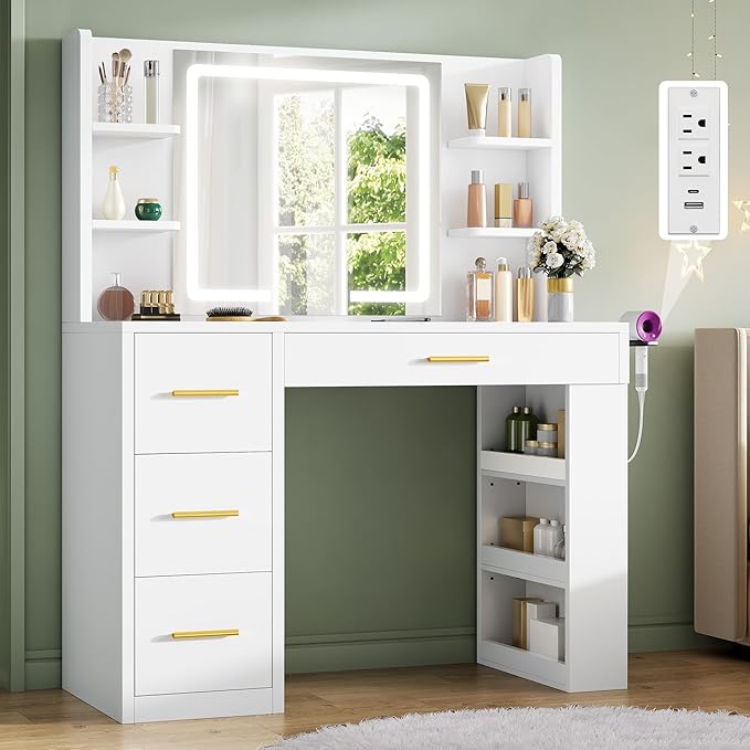 DWVO Makeup Vanity with LED Mirror, 40" Big Vanity Makeup Table with 4 Drawers and 7 Open Storage Shelves, Built-in Power Outlets & Hairdryer Holder, White