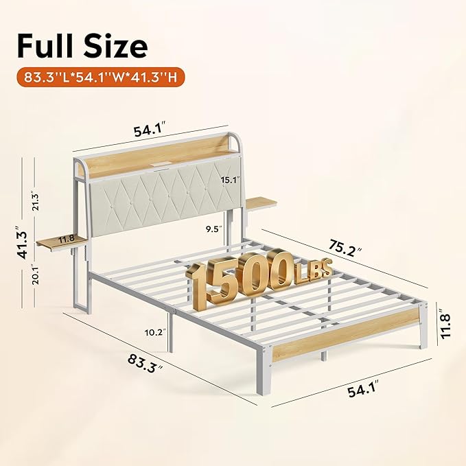 WLIVE Full Size Upholstered Bed Frame with 2 Side Shelves, Linen Tufted Storage Headboard with Charging Ports and LED Light, Metal Solid and Stable, No Box Spring Needed, Easy Assembly, Beige