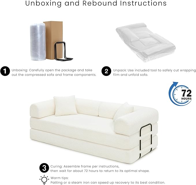 Compression Sofa - 79'' Convertible Sofa Bed, Boneless Couch in a Box, Modular Corduroy Foldable Sleeper Sofa with 2 Pillows, Loveseat Couches for Living Room (Corduroy Fabric, White)