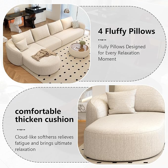 138.6" Modular Sectional Couches Luxury Modern Curved Back Sofa,Minimalist Comfy L-Shape Boneless Cloud Couch for Living Room Apartment,(Left Facing Chaise,White)