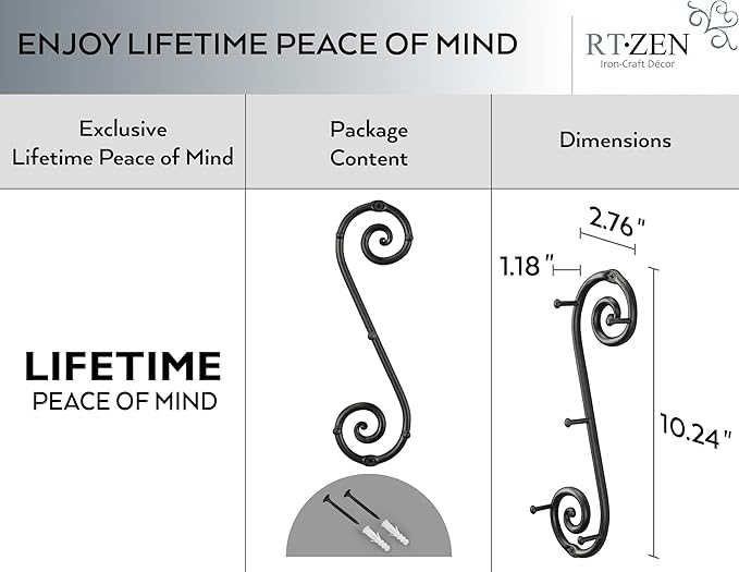 RTZEN Farmhouse Small Key Holder for Wall - Handcrafted Swirl Decorative 5 Key Hooks for Home Entryway - Wrought Iron Wall Mount Rack Purse Coat and Leash Holder or Organizer (Vertical Black)