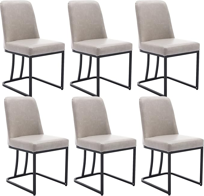 Grey PU Leather Dining Chairs Set of 6 Mid Century Modern Comfortable Dining Room Chair with Curved Backrest, Upholstered Kitchen Side Chairs with Black Metal Legs