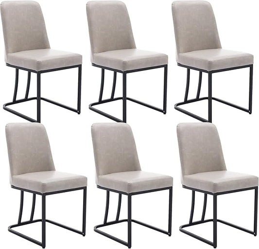 Grey PU Leather Dining Chairs Set of 6 Mid Century Modern Comfortable Dining Room Chair with Curved Backrest, Upholstered Kitchen Side Chairs with Black Metal Legs