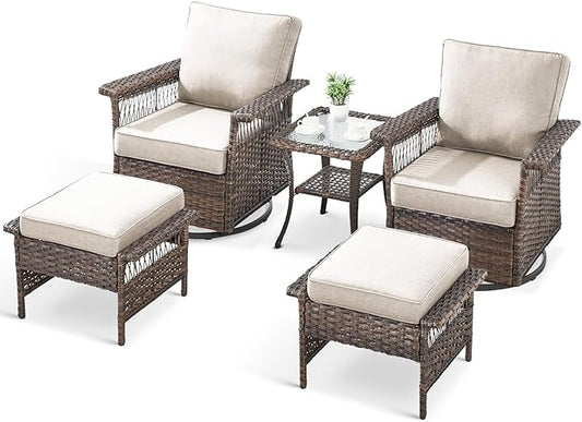 5 Pieces Wicker Patio Furniture Set - Hollow Widen Armrest Outdoor Swivel Glider Chairs with Side Table & Ottomans, Small Patio Conversation Set for Balcony Porch Deck and Yard - Brown/Beige