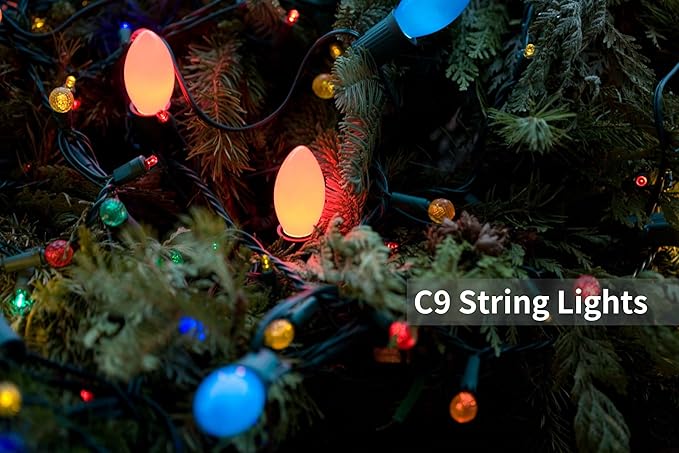 Couah Christmas Lights, 25Ft C9 Vintage Christmas String Lights with 27 Multicolor Ceramic Incandescent Bulbs, Hanging String Lights for Indoor Outdoor Tree Christmas Decorations (Green Wire)
