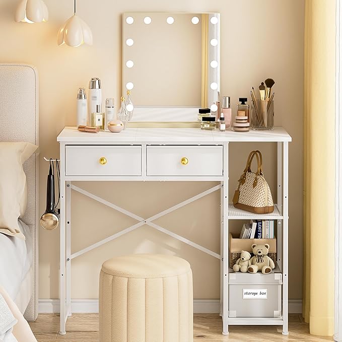 White Vanity Desk Without Mirror for Bedroom, Makeup Desk with 2 Fabric Drawers, Vanity Desk with Iron Hook, 36 Inches Vanity with Storage, White