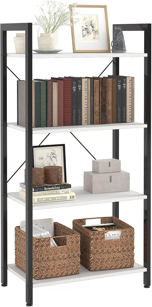 4-Tier Bookshelf, 47.2'' H Ladder Shelf, Industrial Bookcase, Wooden and Metal Storage Rack, Shelving Unit for Living Room Entryway Office, White Book Shelves, 24 * 11.8 * 47.2 inches