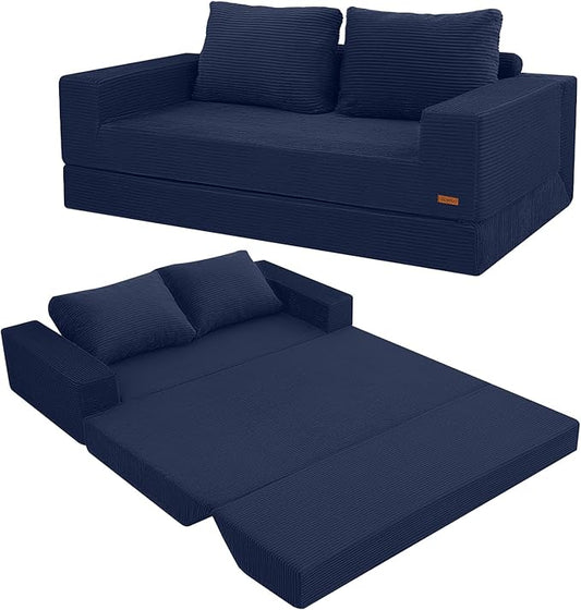COMAX Convertible Sofa Bed Queen, Corduroy Folding Floor Couch Pull Out Couch Bed Futon Sleeper with Pillows, Fold Out Boneless Sofa Comfy Lounge Mattress Loveseat for Living Room Bedroom, Navy