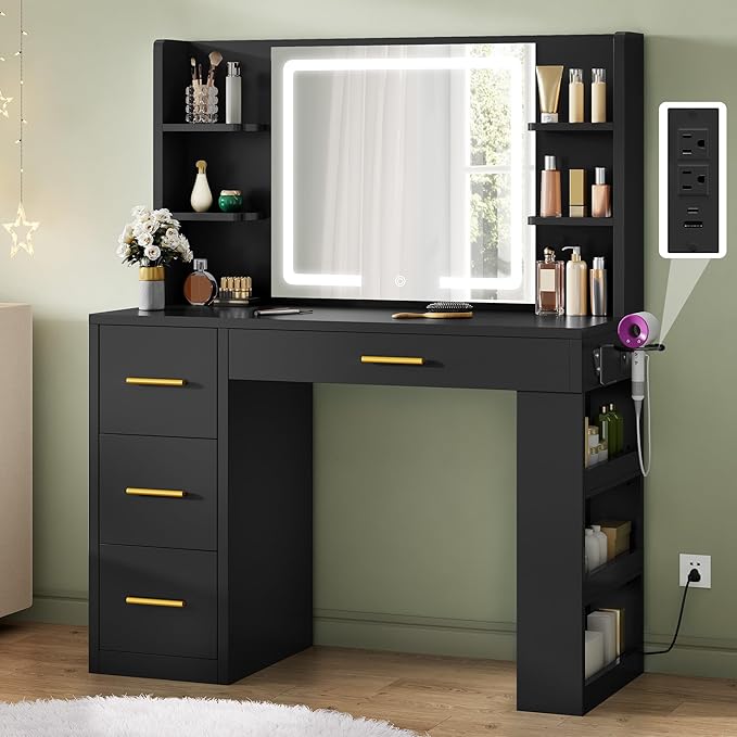 DWVO Makeup Vanity with LED Mirror, 40" Big Vanity Makeup Table with 4 Drawers and 7 Open Storage Shelves, Built-in Power Outlets & Hairdryer Holder, Black