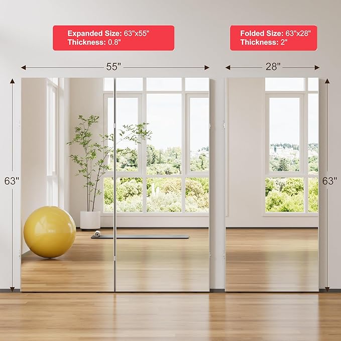 brisafe 360-Degree Folding Full-Length Mirror - 63" x 55"Oversized Anti-Shatter Nano Film Mirror, Space-Saving Foldable Design for Home Gym/Yoga Studio, 60% Commercial Insurance Discount, Black