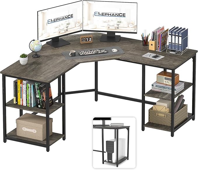Elephance Large L-Shaped Computer Desk with Shelves, Corner Desk, Home Office Writing Workstation, Gaming Desk PC Latop Table with Storage