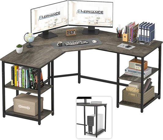 Elephance Large L-Shaped Computer Desk with Shelves, Corner Desk, Home Office Writing Workstation, Gaming Desk PC Latop Table with Storage