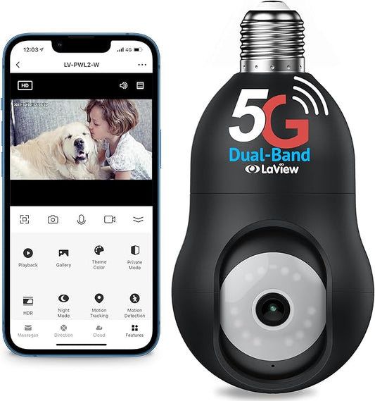 LaView 4MP Bulb Security Camera 5G& 2.4GHz WiFi, 360°2K Security Cameras Wireless Outdoor Indoor Full Color Day and Night, Motion Detection, Audible Alarm, Easy Installation, Compatible with Alexa
