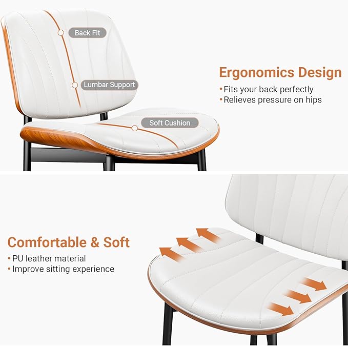 Dining Chairs Set of 8, Dining Room and Kitchen Chairs, FSC Certified Mid Century Modern Accent Chair, Upholstered PU Leather Chairs for Vanity with Walnut Bentwood and Metal Legs, White