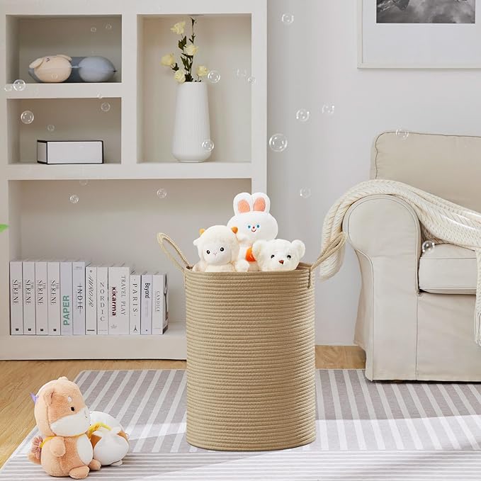 VIPOSCO Large Laundry Hamper, Tall Woven Rope Storage Basket for Blanket, Toys, Dirty Clothes in Living Room, Bathroom, Bedroom - 58L Jute