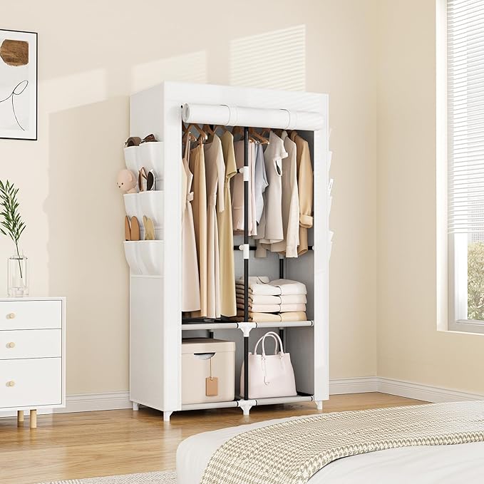 VTRIN Portable Closet Wardrobe Closet for Hanging Clothes with 4 Storage Shelves, 2 Hanging Rods and 6 Pockets, Stable and Easy Assembly Clothes Rack with Cover Free Standing Closet White
