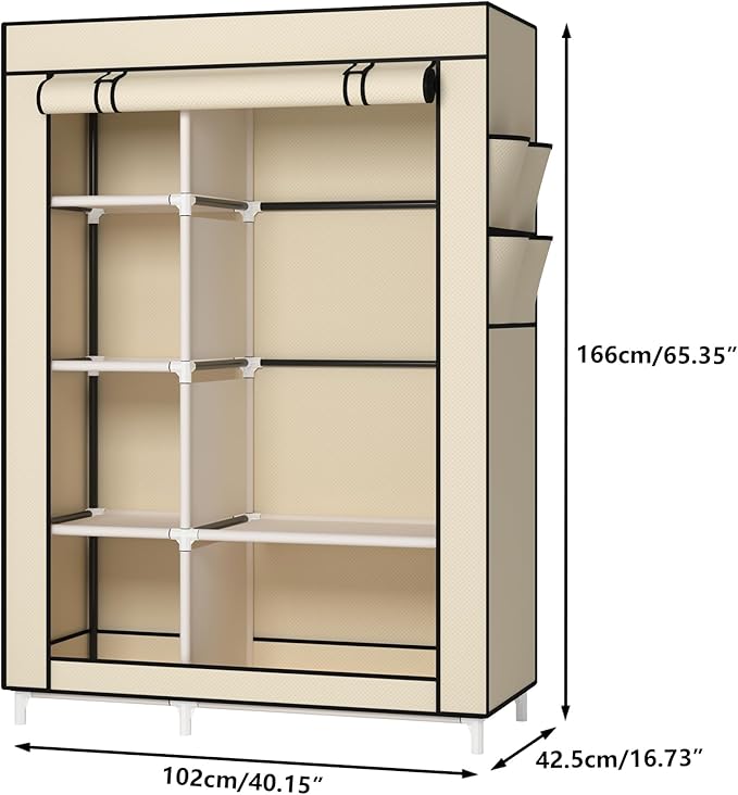 Calmootey Portable Closet Organizers, Clothing Storage, Wardrobe with 6 Shelves and Hanging Rod, Non-Woven Fabric Cover with 4 Side Pockets, Beige