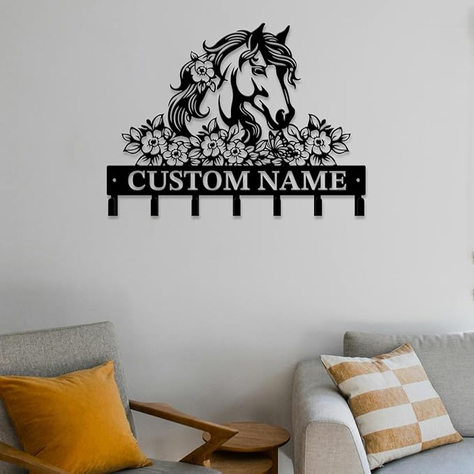 Personalized Custom Name Farm Horse Wall Key Hooks,Metal Horse Art Clothes Hooks,Metal Horse Wall Home Storage Decorative,For Front Door, Hallway, Kitchen, Bedroom,Keys,Hats (Style C)