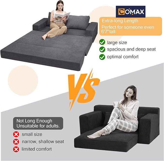 COMAX Convertible Sofa Bed Queen, Corduroy Folding Floor Couch Pull Out Couch Bed Futon Sleeper with Pillows, Fold Out Boneless Sofa Comfy Lounge Mattress Loveseat for Living Room Bedroom, Grey