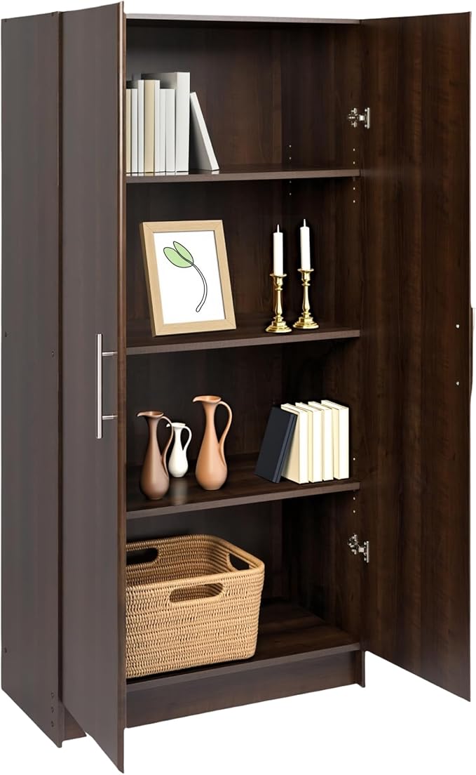 Prepac Elite Tall Garage Storage Cabinet & Pantry Storage Cupboard, 2-Door Freestanding Bathroom or Pantry Cabinet with Adjustable Shelves, 16" D x 32" W x 65" H, Espresso