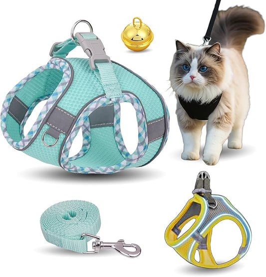 Stimulicat Cat Harness, Stimuli Cat Harness Design for Outdoor Cats, Adjustable Soft Mesh Vest Harness Escape Proof with Reflective Safety Strips, Allowing Cats to Safe (Lattice-Green, M)