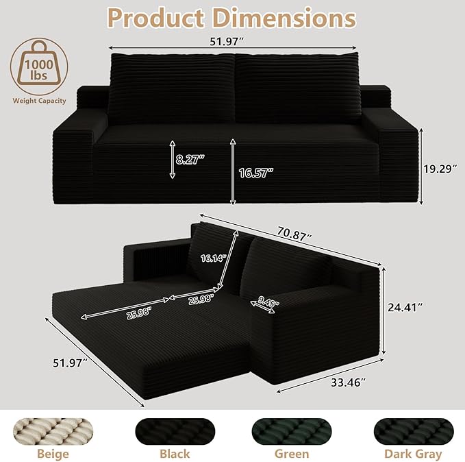 Cloud Loveseat Sofa, Modern Corduroy 2-Seater Couch with Deep Seat, No Assembly Required Memory Foam Sofa, Boneless Sofa in a Box for Bedroom, Apartment, Office,Small Space (Black,70.87in)