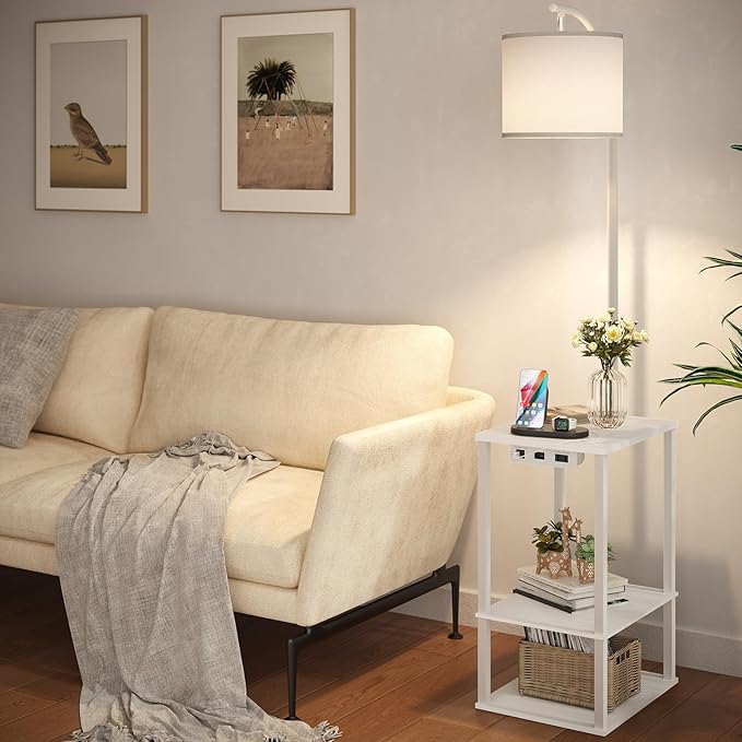SUNMORY Floor Lamp with Table, End Table for Living Room with Lamp, Shelves Side Table with Charging Station(USB & AC Port), 3 Color Temperature LED Bulb, Modern Nightstand Lamp for Bedroom, Office