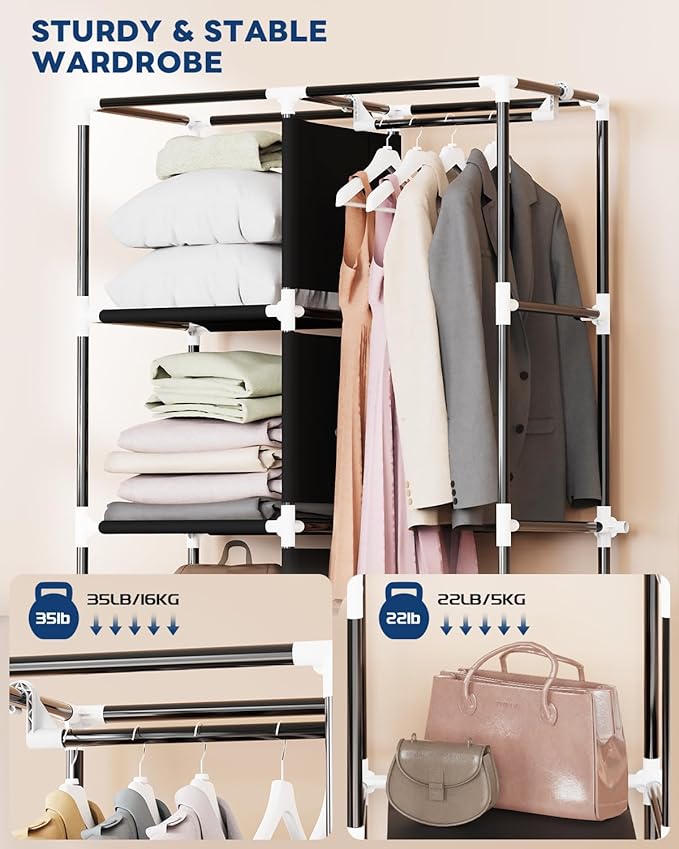 Mavivegue Portable Closet,Wardrobe Closet,Wardrobe,Portable Closets for Hanging Clothes,for Bedroom and Living Room, Black, 2 Rows, 34" W x 18" D x 64" H