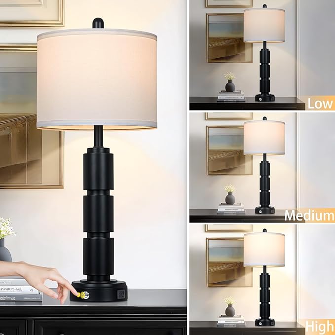 Set of 2 Modern Table Lamps for Living Room Bedroom,29" Tall Bedside Lamp with 2 USB Port,Black Metal Touch Nightstand Lamp for Desk End Side Table Entryway,Black