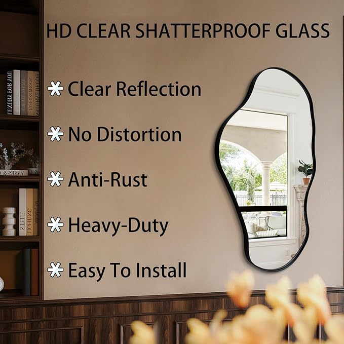 Irregular Shaped Mirror, 30"x20" Asymmetrical Mirrors with Metal Frame, Abstract Wall Mirrors Decorative, Modern Funky Mirror for Living Room Bathroom Bedroom Hallway Entryway Fireplace