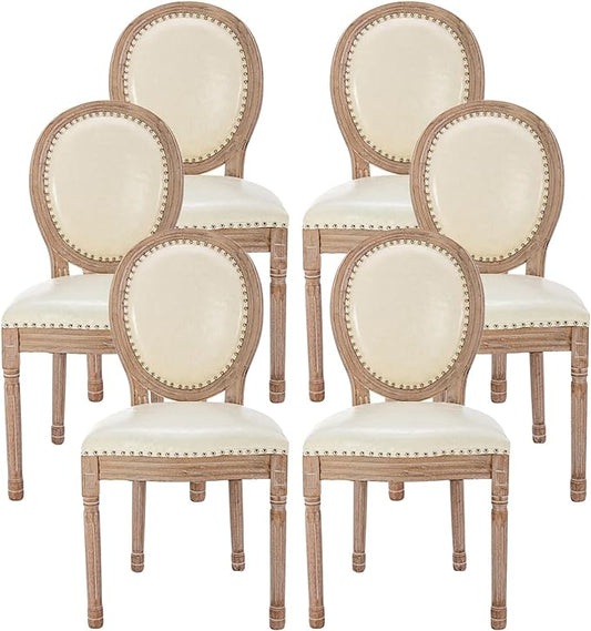 Nrizc French Dining Chairs Set of 6, French Country Dining Chair, Vintage Farmhouse Dining Chairs with Round Back, Solid Wood Beige Fabric Dining Room Chairs, for Kitchen, Bedroom, Dining Room