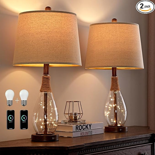 OYEARS 23" USB A+C Table Lamp Set of 2 Modern Bedside Lamps Retro Farmhouse Rattan Glass Nightstand Nightlight Lamps for Bedroom Living Room Dorm,Two Light Points
