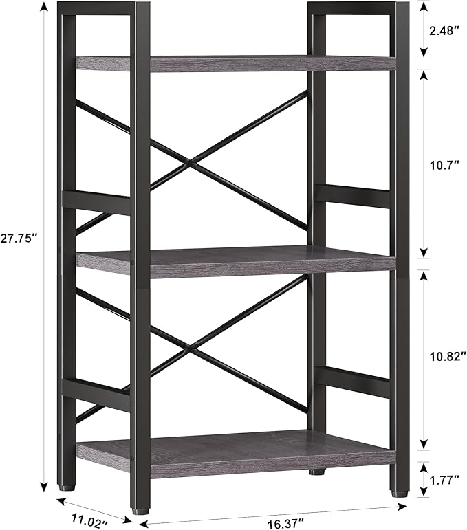 Homeiju Bookshelf, 3 Tier Industrial Bookcase, Metal Small Bookcase, Rustic Etagere Book Shelf Storage Organizer for Living Room, Bedroom, and Home Office(Grey) Patent Pending D29873033