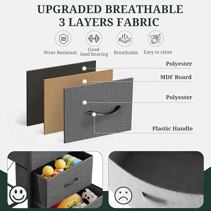 Nightstand, 5 Drawer Dresser End Table Bedside Furniture with Wooden Top Steel Frame Fabric Bins for Bedroom, Closet, Entryway, Dorm, Living Room, Gray