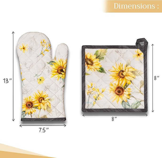 Maison d' Hermine 100% Cotton Oven Mitt & Pot Holder Set (7.5"x13" & 8"x8") Heat Resistant BBQ Cooking Gloves with Loop, Baking, Grilling, Kitchen, Handling Hot Pans Spring/Summer (Candice)