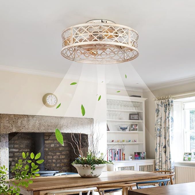 Farmhouse Ceiling Fans with Lights Remote Control,6 Speed Reversible Flush Mount Low Profile Rustic Antique White Ceiling Fan with Light,Boho Bladeless Country Caged Ceiling Light Fixture