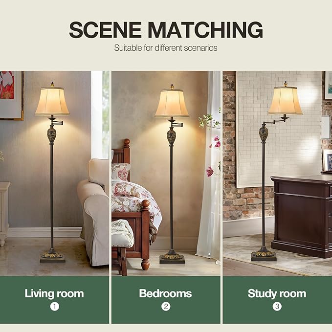 Traditional LED Floor Lamp with 350° Adjustable Swing Arm Lamp – Vintage Standing Pole lamp for Living Room, Bedroom and Office – Rustic Upright Floor Light for Home Décor with Silk Fabric Shade