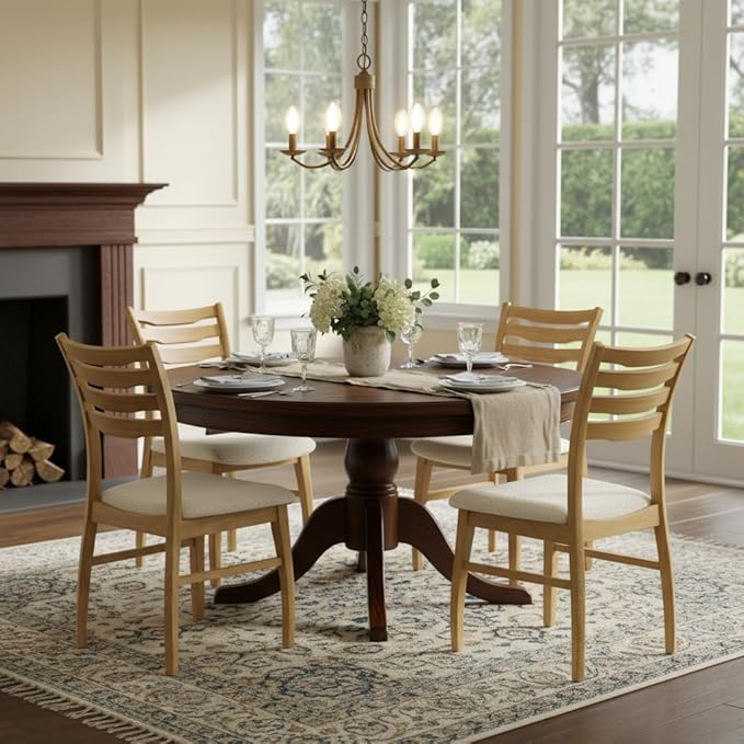 DUOMAY Farmhouse Dining Chairs Set of 4, Fur White Upholstered Side Chairs Solid Wood Ladder Back Kitchen Chairs for Home Dining Room, Light Browm Frame