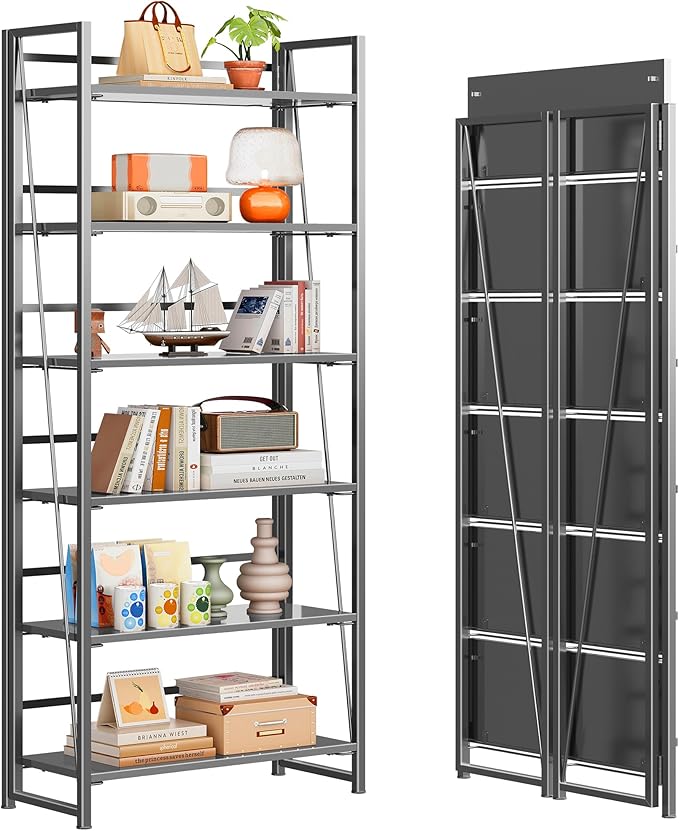 4NM No Assembly Folding Bookshelf, 6-Shelf 74" H Collapsible Foldable Bookcase Storage for Small Spaces, All Black
