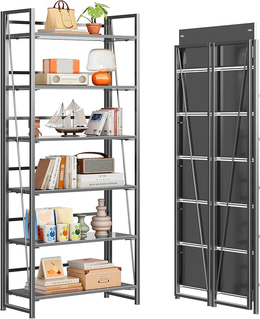 4NM No Assembly Folding Bookshelf, 6-Shelf 74" H Collapsible Foldable Bookcase Storage for Small Spaces, All Black