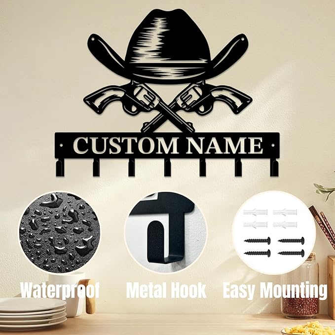 Personalized Custom Name West Cowboy Keys Hooks,Metal Cowboy Art Clothes Keys Hooks,Metal Cowboy Lover Wall Home Storage Decorative Keys Hooks,Key Holder Hooks for Wall (Style J)
